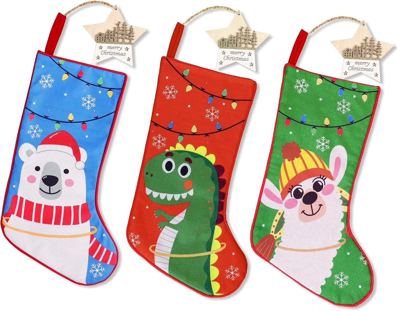 Christmas Stockings Set of 3, 18 Inch Xmas Stockings 3 Packs with Personalized Handwriting Wooden Tags - Cartoon Polar Bear, Dinosaur, Alpaca - Decorations Party & Kids Gifts