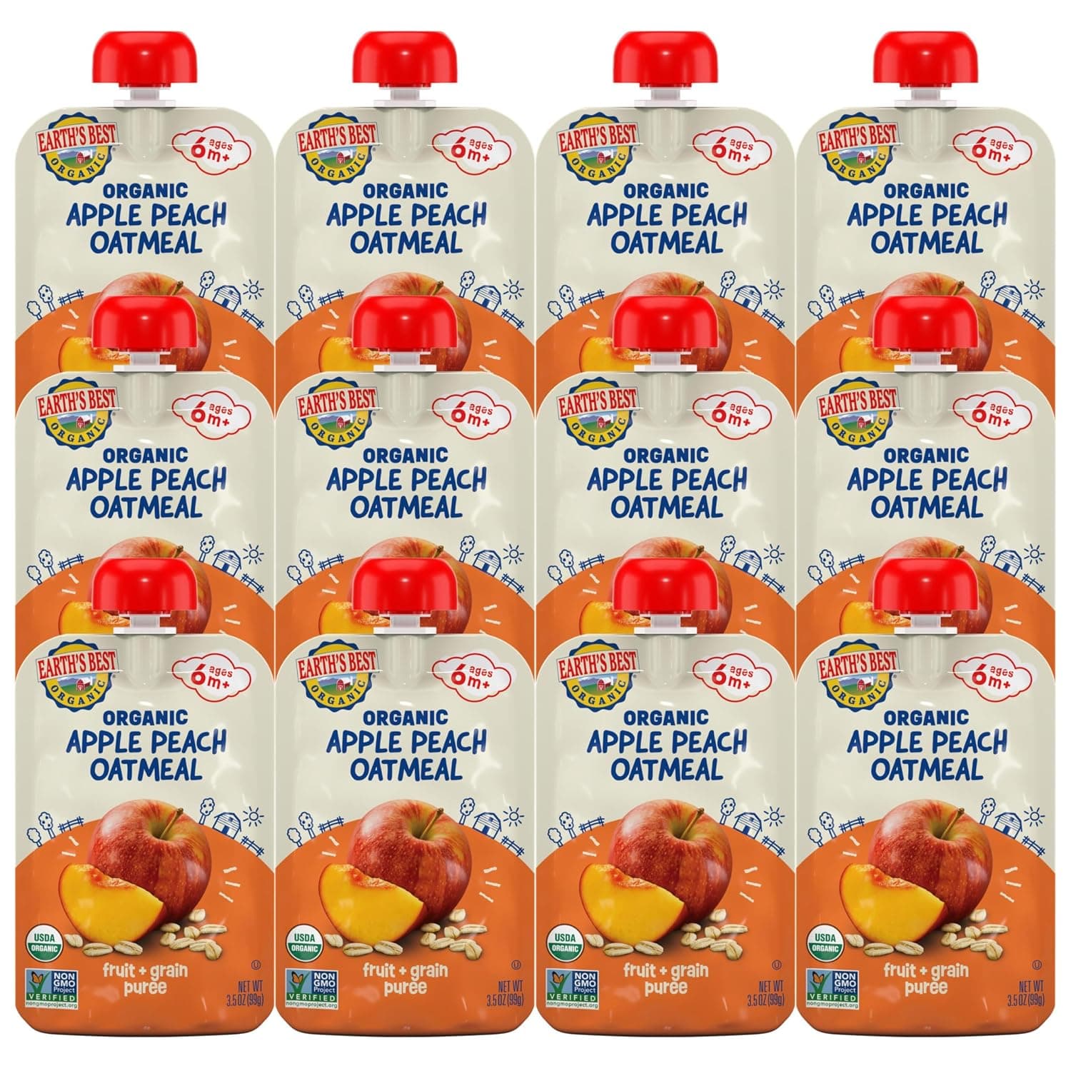 Earth's Best Organic Baby Food Pouches, Fruit and Grain Puree for Babies 6 Months and Older, Organic Apple Peach and Oatmeal Puree, 3.5 oz Resealable Pouch (Pack of 12) - image 1 of 1