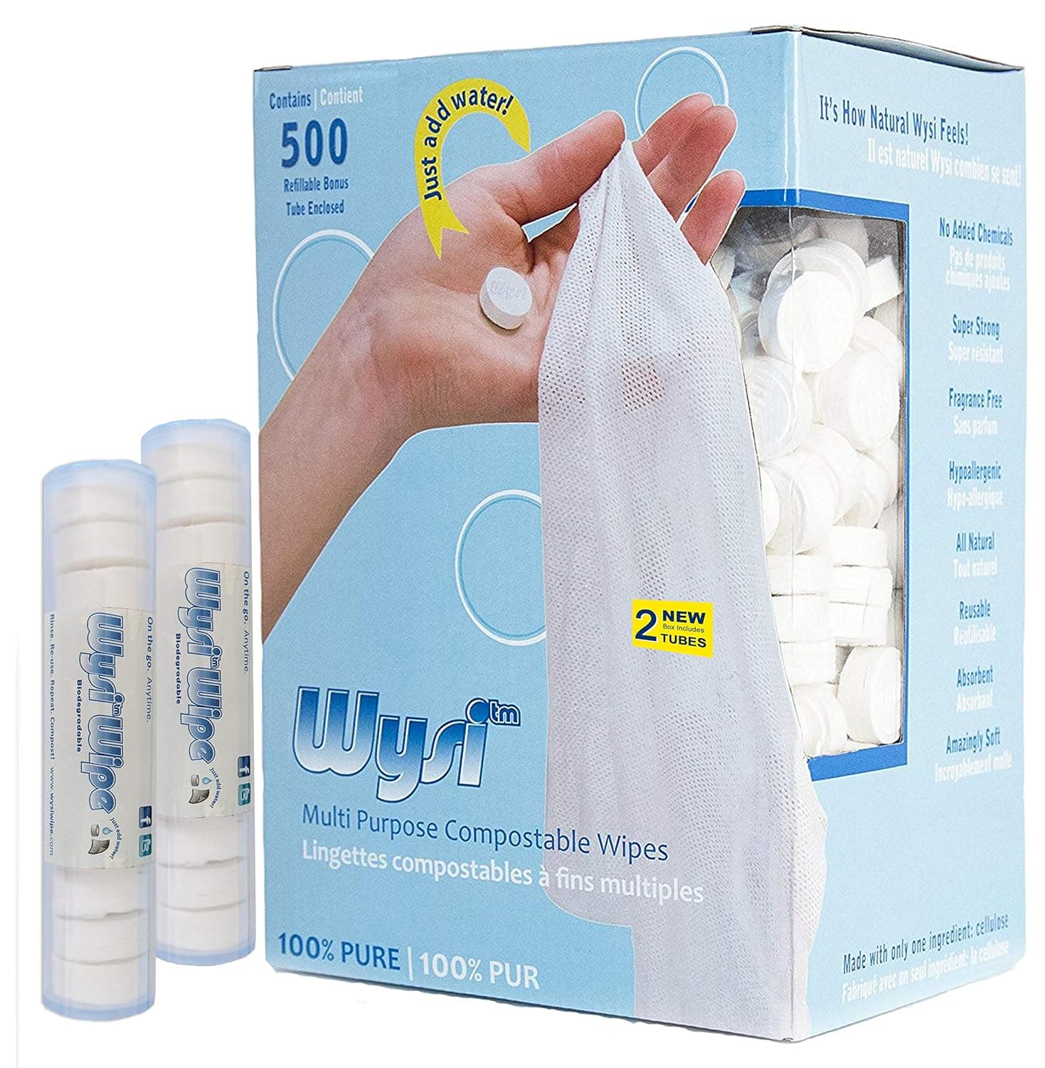 Multi-Purpose Wipes & 2 Travel Tubes - Just Add Water - Box of 500 Compact Towelettes + 2 To Go Tubes - All Natural Wipes Reusable - Hypoallergenic - Scent-Free - Compostable - Expandable Cloth. - image 1 of 1