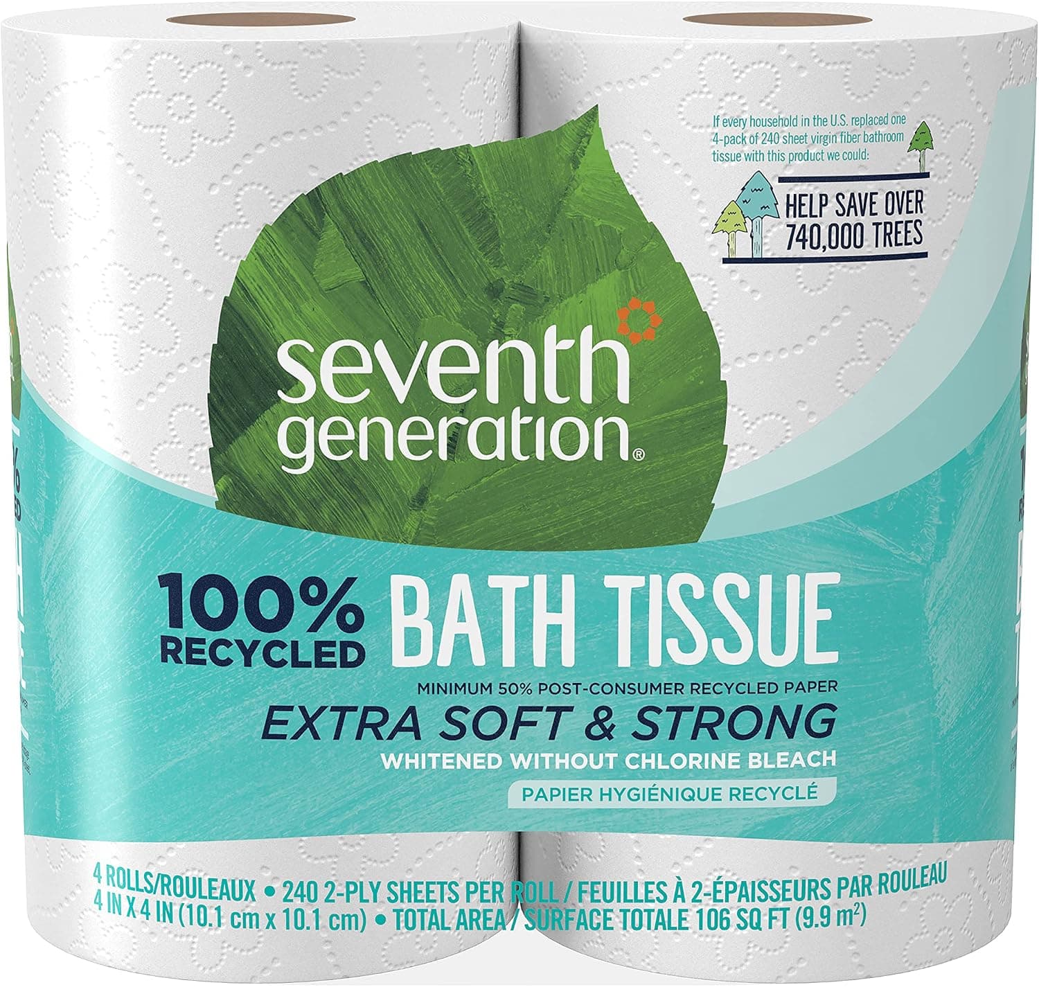 Seventh Generation Bath Tissue Toilet Paper Chlorine Free 2 Ply Toilet Paper 100% Recycled Paper 4 Count (Pack of 1) - image 1 of 1