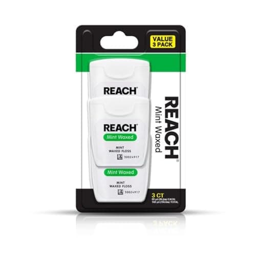 REACH Waxed Dental Floss, Mint, Plaque Remover for Teeth, Shred Resistant, Floss Slides Smoothly, Easy to Use, Waxed, Deep Cleaning Teeth, Oral Care, PFAS Free, for Adults & Kids, 3 Pack, 55 yd - image 1 of 8