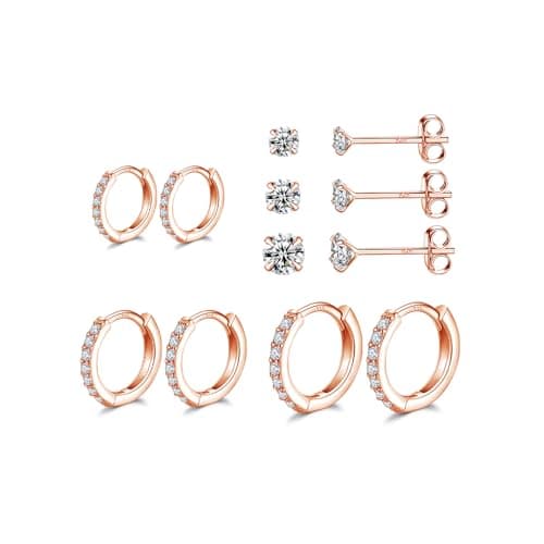 Dlihc 6 Pairs Rose Gold Hoop and Stud Earrings Set for Women Men 6 8 10mm | Cubic Zirconia, Sterling Silver Post, 14K Rose Gold Plated, Hypoallergenic, Small Hoops and Studs - image 1 of 7