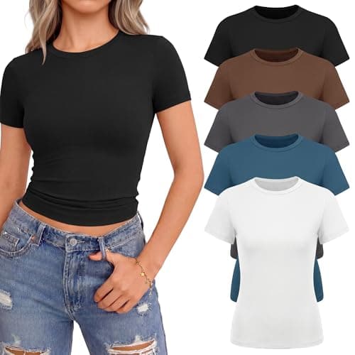 NexiEpoch 5 Pack T Shirts for Women Short Sleeve Crop Tops Fitted Basic Tee | Crew Neck Tshirt Plain Tight Clothes Cute Y2K Fashion Trendy Summer Outfit Comfort Casual Workout Compression Going Out Solid - image 1 of 5