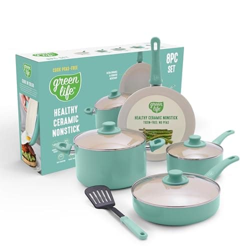 GreenLife 8 Piece Nonstick Cookware Set, Non-Toxic PFAS-Free Ceramic Pots & Pans, Dishwasher & Oven Safe, Frying, Sauce, Stock Pot, Glass Lids, Stay-Cool Handles, Wobble Free, Turquoise - image 1 of 7