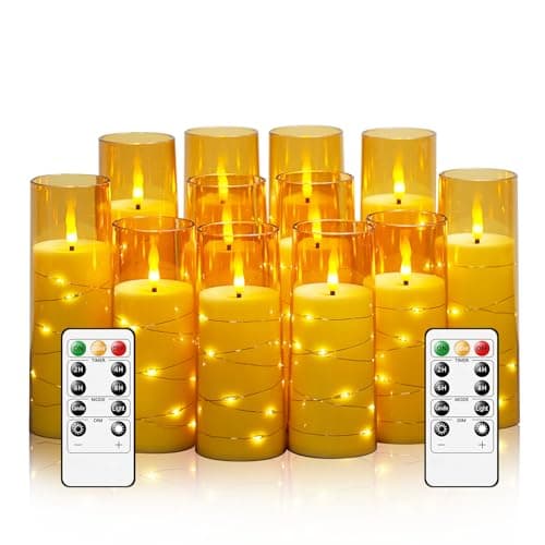 Sasigeiaa Flameless Candles with Embedded Star String - Battery Operated LED Candles, with Remote,12 Gold Flickering Candles for Christmas, Weddings, Home Decor & Party,(D 2.3"×H 5" 6" 7") - image 1 of 6