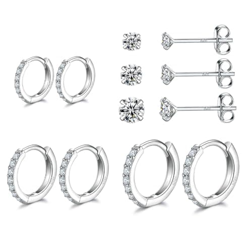 Dlihc 6 Pairs Sterling Silver Hoop and Stud Earrings Set for Women 6 8 10mm | Cubic Zirconia, 14K White Gold Plated, Hypoallergenic, Small Hoops and Studs - image 1 of 6