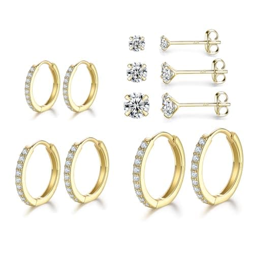 Dlihc 6 Pairs Gold Hoop and Stud Earrings Set for Women Men | Cubic Zirconia, Sterling Silver Post, 14K Gold Plated, Hypoallergenic, Small Hoops and Studs - image 1 of 6