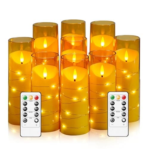 Eebuss Flameless Candles with Embedded Star String, Battery Operated LED Pillar Candles with Timer and Remote Control,Home Decorating for Ambiance, Set of 9 (Gold) - image 1 of 6