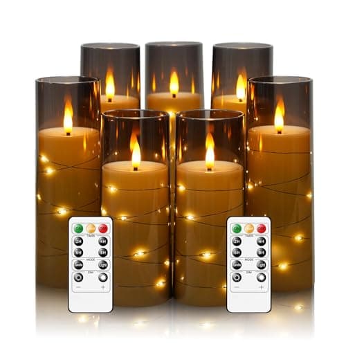 Eebuss Flameless Candles with Embedded Star String, Battery Operated LED Pillar Candles with Timer and Remote Control,Home Decorating for Ambiance, Set of 7(Grey) - image 1 of 6