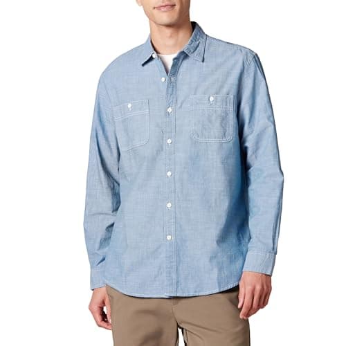 Amazon Essentials Men's Regular-Fit Long-Sleeve Lightweight Cotton Chambray Shirt with Pockets, Blue, Large