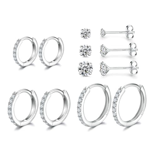 Dlihc 6 Pairs Sterling Silver Hoop and Stud Earrings Set for Women Men | Cubic Zirconia, 14K White Gold Plated, Hypoallergenic, Small Hoops and Studs - image 1 of 9