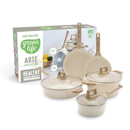 GreenLife 8 Piece Ceramic Nonstick Cookware Set, Induction Suitable Non Toxic PFAS-Free Pots & Pans, Dishwasher Safe, Cooking Set, Stock Pot, Saucepans & Frying Pans, Kitchen Cooking, Granite Cream - image 1 of 10