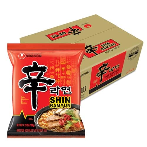 Nongshim Shin Ramyun Noodles, Spicy Korean Signature Instant Ramyun, Rich Beef Flavored Broth, Microwaveable, Korean Instant Noodles, 4.23 oz (Pack of 20), Packaging May Vary. - image 1 of 11