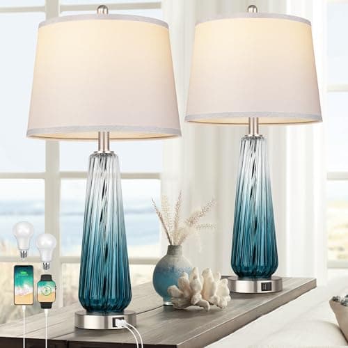 Table Lamps Set of 2 with Touch Control, Modern Glass Bedside Lamps with USB A+C Ports, 3-Way Dimmable Nightstand Lamp with White Fabric Shade, 27.5" Large Lamps for Living Room Bedrooms Decorations - image 1 of 6
