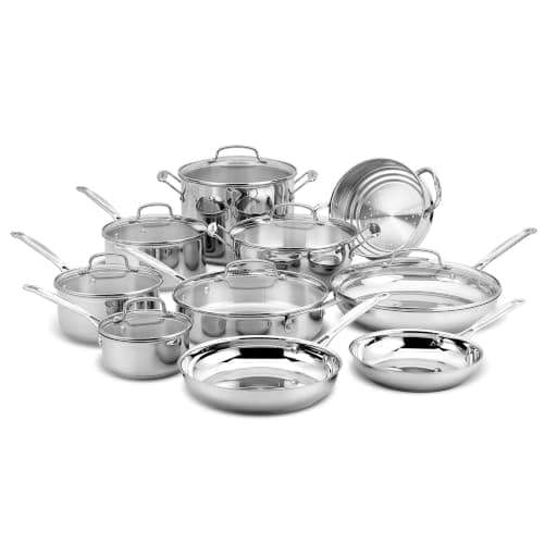 Cuisinart 17-Piece Chef's Classic Stainless Steel Pots and Pans Set, 77-17N | Uncoated mirror finish with aluminum encapsulated base for even heat, 17-piece stainless steel cookware set - image 1 of 8