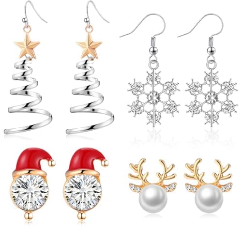 Hicarer 4 Pairs Christmas Earrings for Women Holiday Drop Dangle Earrings Set Xmas Tree Bell Light Bulbs Jewelry Gift Bulk(Crystal Style) - image 1 of 7