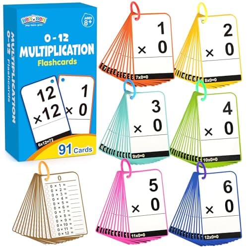 BenBen Multiplication Flash Cards 0-12, 91 Cards, Times Table Flash Cards with Rings, Multiplication Practice for Kids 8-12, 2nd 3rd 4th 5th 6th Grade, Math Flashcards for Homeschool Classroom - image 1 of 9