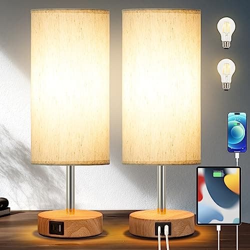 Yarra-Decor Bedside Lamp with USB A+C Charging Ports Set of Two - Touch Control Table Lamp for Wood 3 Way Dimmable Nightstand Lamp with Round Flaxen Fabric Shade (LED Bulb Included) (Y4-2 Pack) - image 1 of 6