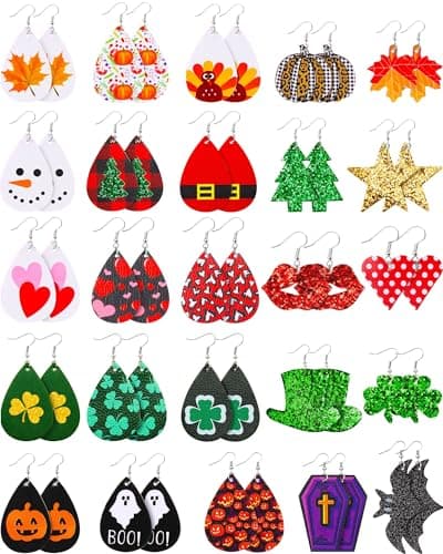 Hicarer 25 Pairs Christmas Faux Leather Drop Earrings Women, Cute Style - image 1 of 6
