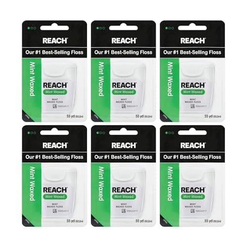 REACH Waxed Dental Floss, Mint, Plaque Remover for Teeth, Shred Resistant, Floss Slides Smoothly, Easy to Use, Waxed, Deep Cleaning Teeth, Oral Care, PFAS Free, for Adults & Kids, 6 Pack, 55 yd - image 1 of 8