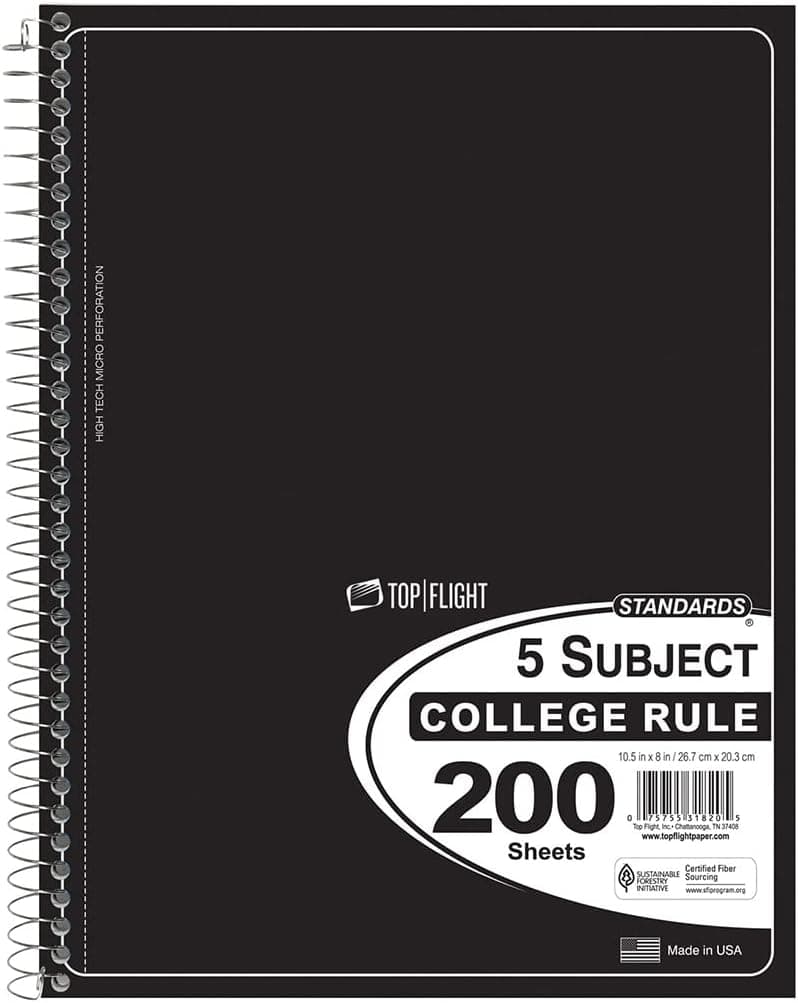 Top Flight Standards 5-Subject Wirebound Notebook, 200 Sheets, 3-Hole Punched, College Rule, 10.5 x 8 Inches, 1 Notebook, Color May Vary (31820) - image 1 of 1