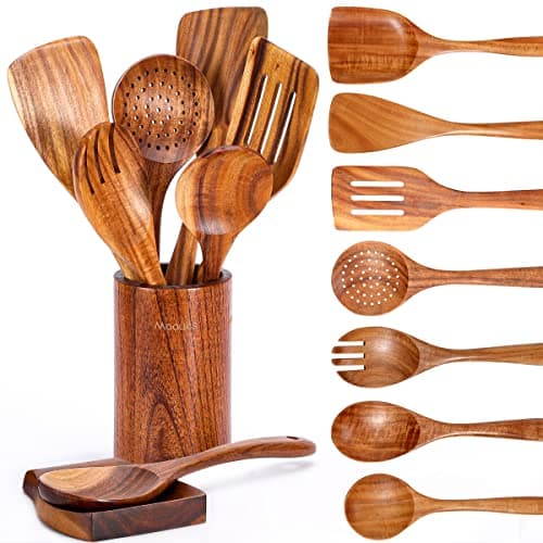 Mooues 9 Piece Natural Teak Wooden Kitchen Utensil Set with Spoon Rest - Comfort Grip Cooking Spoons and Utensils Holder - image 1 of 1