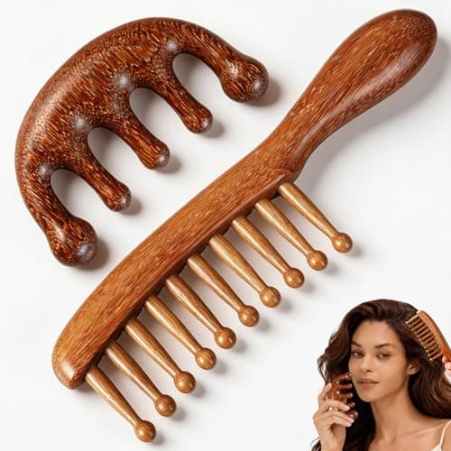 Sandalwood 5-Finger Scalp Massager and Wide Tooth Comb Set, 2-in-1 Massage and Detangling to Prevent Hair Pulling and Breakage for Bedtime Relaxation Routine, Combs for Women, Unpainted Wood, 2 Pcs - image 1 of 7