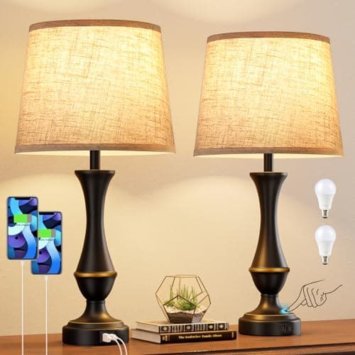 Touch Lamps for Nightstand, 3 Way Dimmable Lamps for Bedroom with USB C+A | Touch Control, USB C+A Charging Ports, Table Lamps for Living Room, Night Stands, Bedside, Bedroom, Bulb Included, Black - image 1 of 7