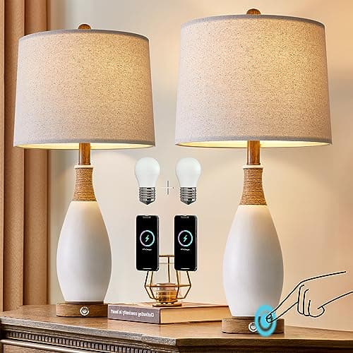 OYEARS 24.5” 3-Way Dimmable Touch Control Bedside Table Lamp Set of 2 with USB and Type-C Charging Ports Modern Farmhouse Nightstand Lamp for Bedroom Living Room (Bulb Included) - image 1 of 5