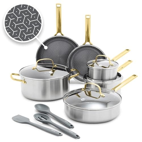 GreenPan Hybrid APEX 13 Piece Stainless Steel Ceramic Nonstick Cookware Set | Tri-Ply Pots & Pans, PFAS-Free Thermobond Nonstick, Induction & All Stovetop Compatible, Dishwasher & Oven Safe to 850F, Gold - image 1 of 9
