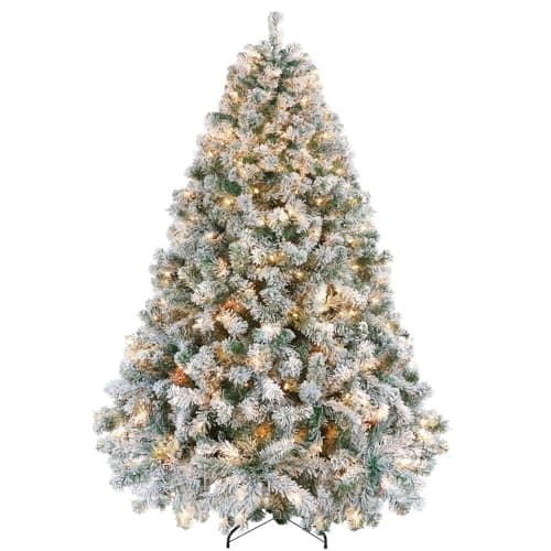 Yaheetech 6ft Pre-Lit Snow Flocked Artificial Christmas Tree, 250 Lights | White Lighted Full Xmas Tree for Holiday Decoration with 250 Warm White Lights and 820 Tips, Foldable Stand. Green & White - image 1 of 9