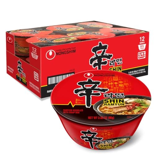 Nongshim Shin Ramyun Bowl Noodles, Spicy Korean Signature Instant Ramyun, Rich Beef Flavored Broth, Quick and Easy, Microwaveable Bowl, 3.03 oz (Pack of 12) - image 1 of 8