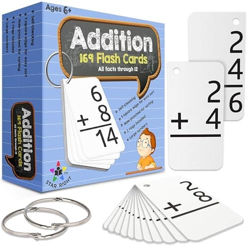Star Right Addition Flash Cards - 169 Math Flash Cards 0-12 with 2 Binder Rings - Kids Ages 6 and Up - image 1 of 6