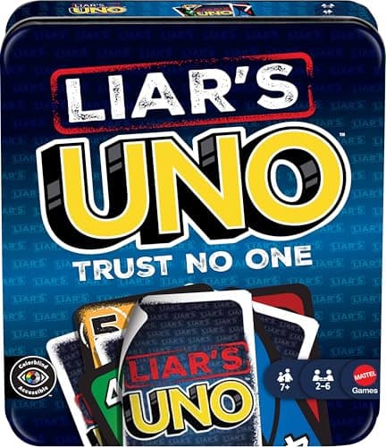 Mattel Games Liar’s UNO Card Game in Travel & Storage Tin for Adults, Kids, Families, Parties & Game Nights, Outwit Other Players with Bluffing & Trickery (Amazon Exclusive) - image 1 of 1