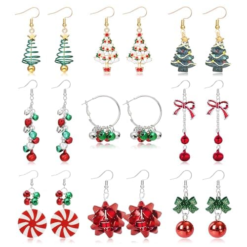9 Pairs Christmas Earrings for Women Holiday Dangle Earrings Set with Tree Bow Bell Snowflake Candy Designs Festive Jewelry for Christmas Party Outfits Stocking Stuffers Gifts - image 1 of 7