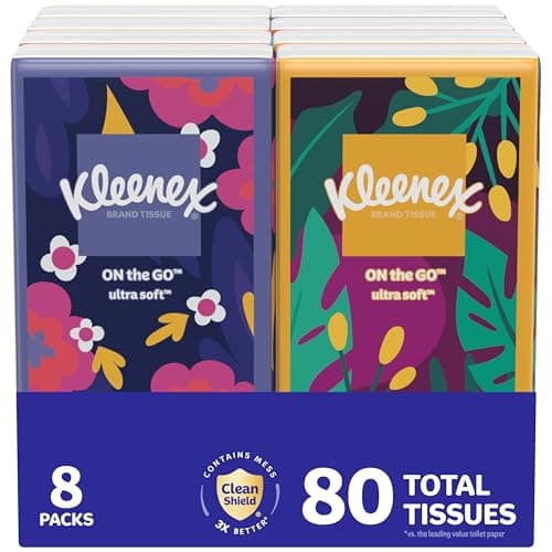 Kleenex On-The-Go Facial Tissues, 8 On-The-Go Packs, 10 Tissues per Box, 3-Ply (80 Total), Packaging May Vary - image 1 of 1