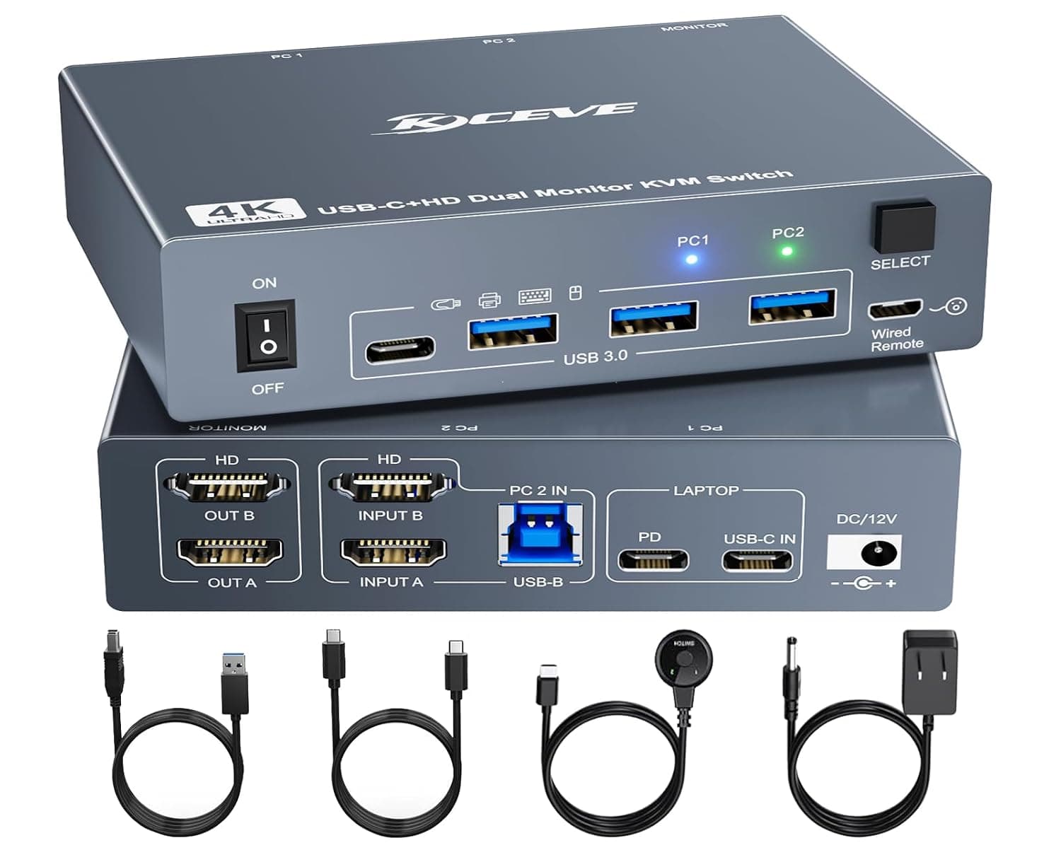 KVM Switch 2 Monitors for 1 Laptop and 1 Desktop 4K@60Hz, USB C HDMI Dual Monitor KVM Switch,Docking Station KVM Switches with 4 USB 3.0 Port, 80W PD Charging, Wired Remote and USB-C Cable Included - image 1 of 1
