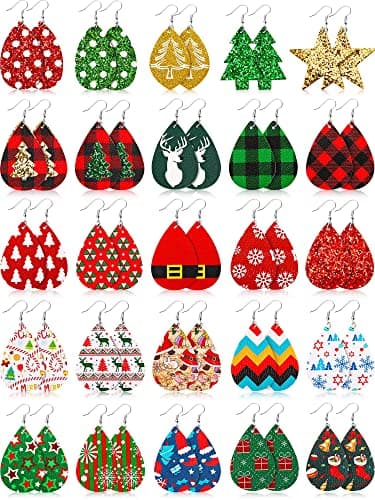 Hicarer 25 Pairs Christmas Faux Leather Earrings for Women Bulk | Teardrop Tree Star Shapes, Snowflake Reindeer Buffalo Plaid Designs, Lightweight Dangles for Holiday Parties Gift Sets - image 1 of 7
