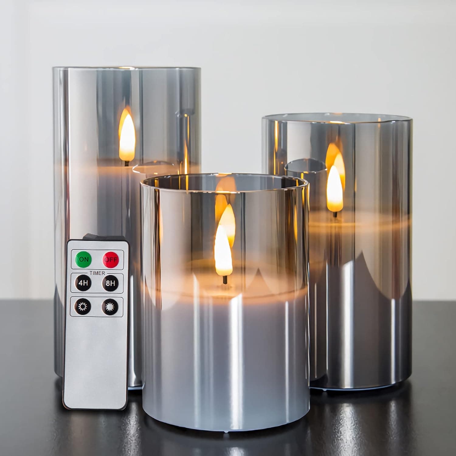 Eywamage Smoke Grey Glass Flameless Candles with Remote, Flickering Battery Operated LED Pillar Candles Set of 3 - image 1 of 1