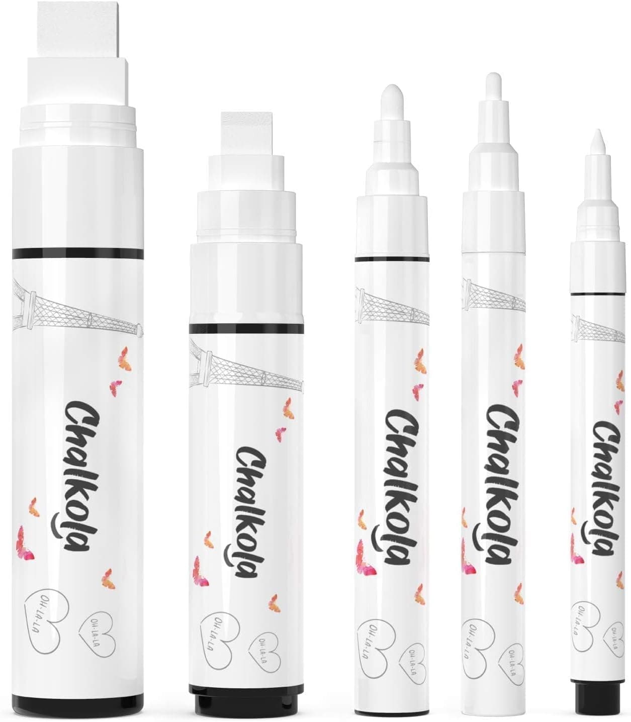 Chalkola 5 White Chalk Markers for Chalkboard Signs, Blackboard, Car Window, Bistro, Glass | 5 Variety Pack - Thin, Fine Tip, Bold & Jumbo Size Erasable Liquid Chalk Pens (1mm, 3mm, 6mm, 10mm, 15mm) - image 1 of 1