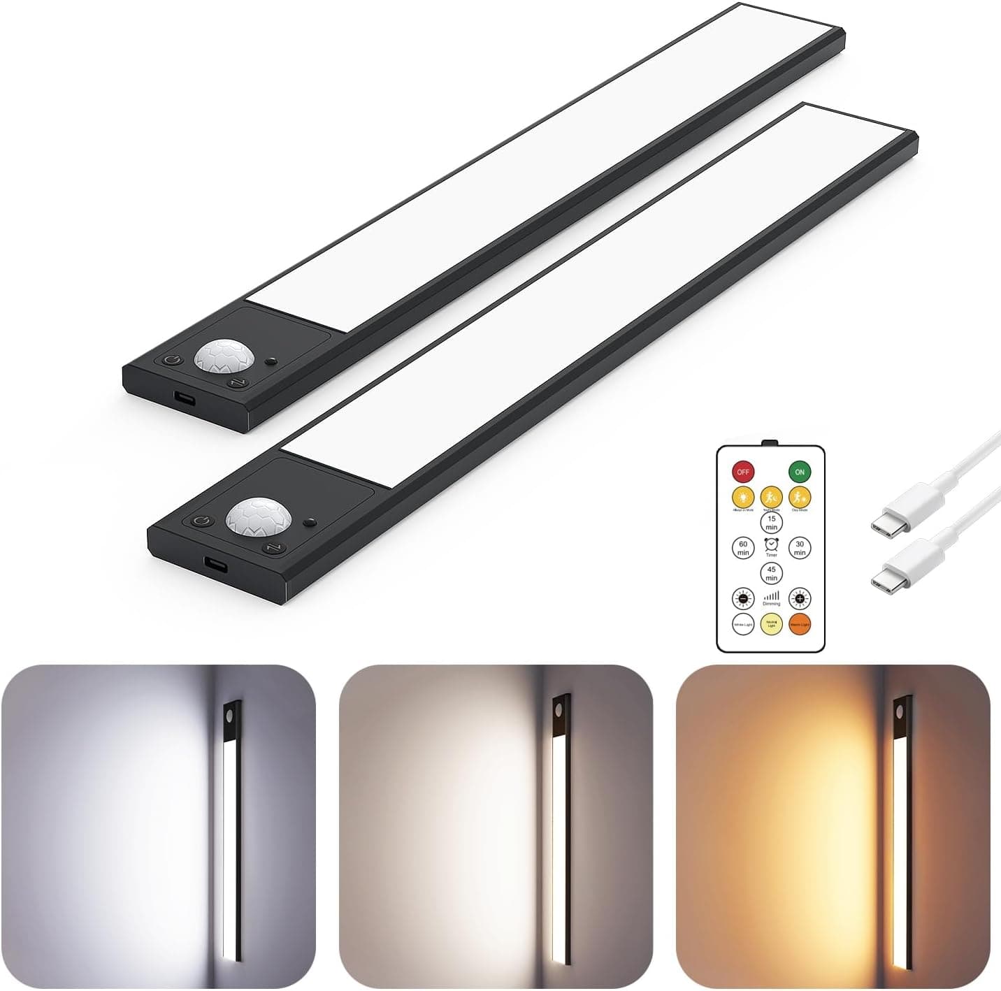 12" Ultra-Thin Under Cabinet Lighting Wireless, Aluminum Alloy Under Counter Lights for Kitchen, 3-Color-Temps Magnetic Closet Lights, Rechargeable Motion Sensor Light Indoor (2 Pack, Black) - image 1 of 1
