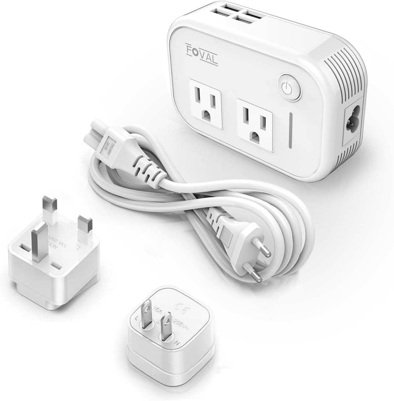 FOVAL Power Step Down 220V to 110V Travel Voltage Converter International Power Adapter for Hair Straightener/Curling Iron with 4-Port USB Charging US/UK/AU/EU Universal Plug Adapter (White) - image 1 of 1