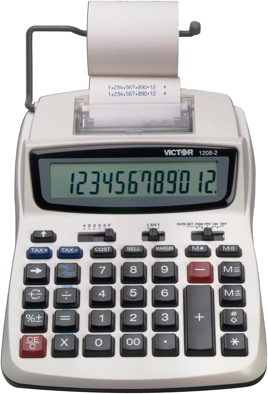 Victor Printing Calculator, 1208-2 Compact and Reliable Adding Machine with 12 Digit LCD Display, Battery or AC Powered, Includes Adapter,White - image 1 of 1