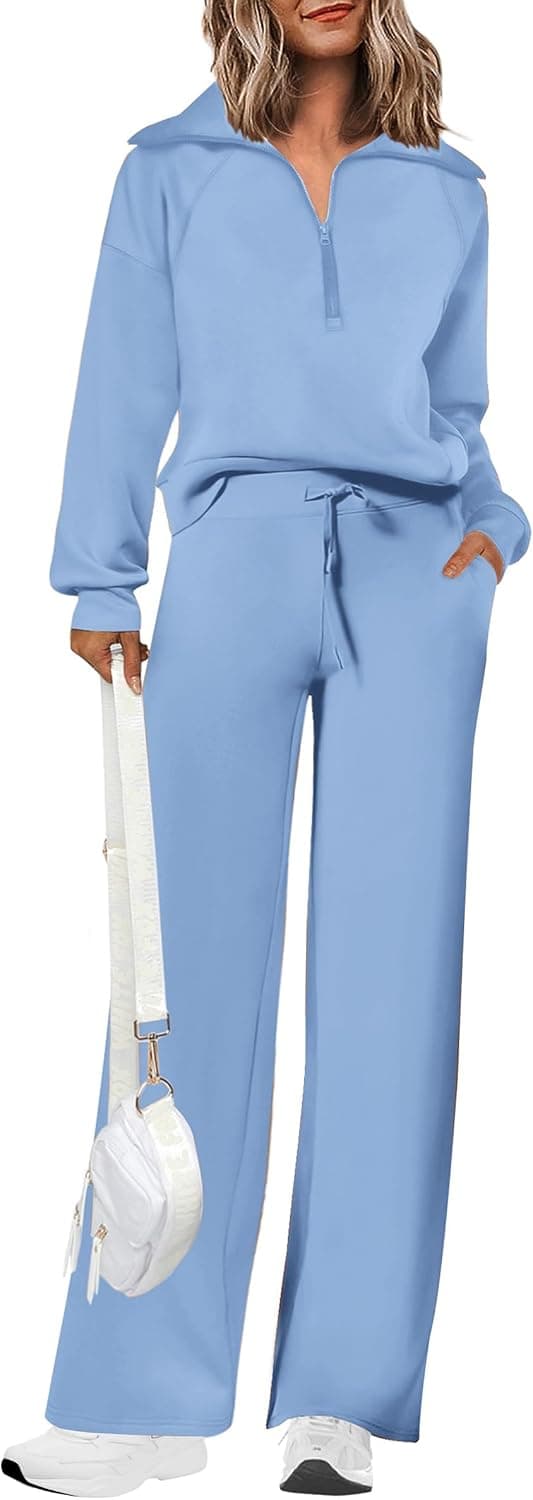 PRETTYGARDEN Women's 2 Piece Outfits Casual Lapel Half Zip Sweatshirts And Wide Leg Pants Tracksuit Sets - image 1 of 1