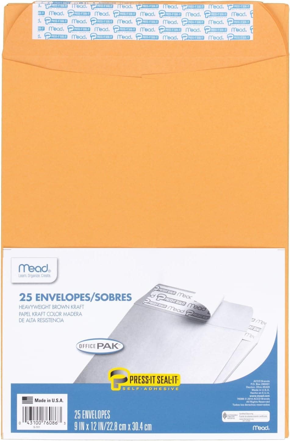 Mead Envelopes, Letter Size 9" x 12", Press-It Seal-It Self Adhesive Closure, Brown Kraft All-Purpose 24-lb Paper, Manila Mailing Envelopes, 25 Count (76086) - image 1 of 1