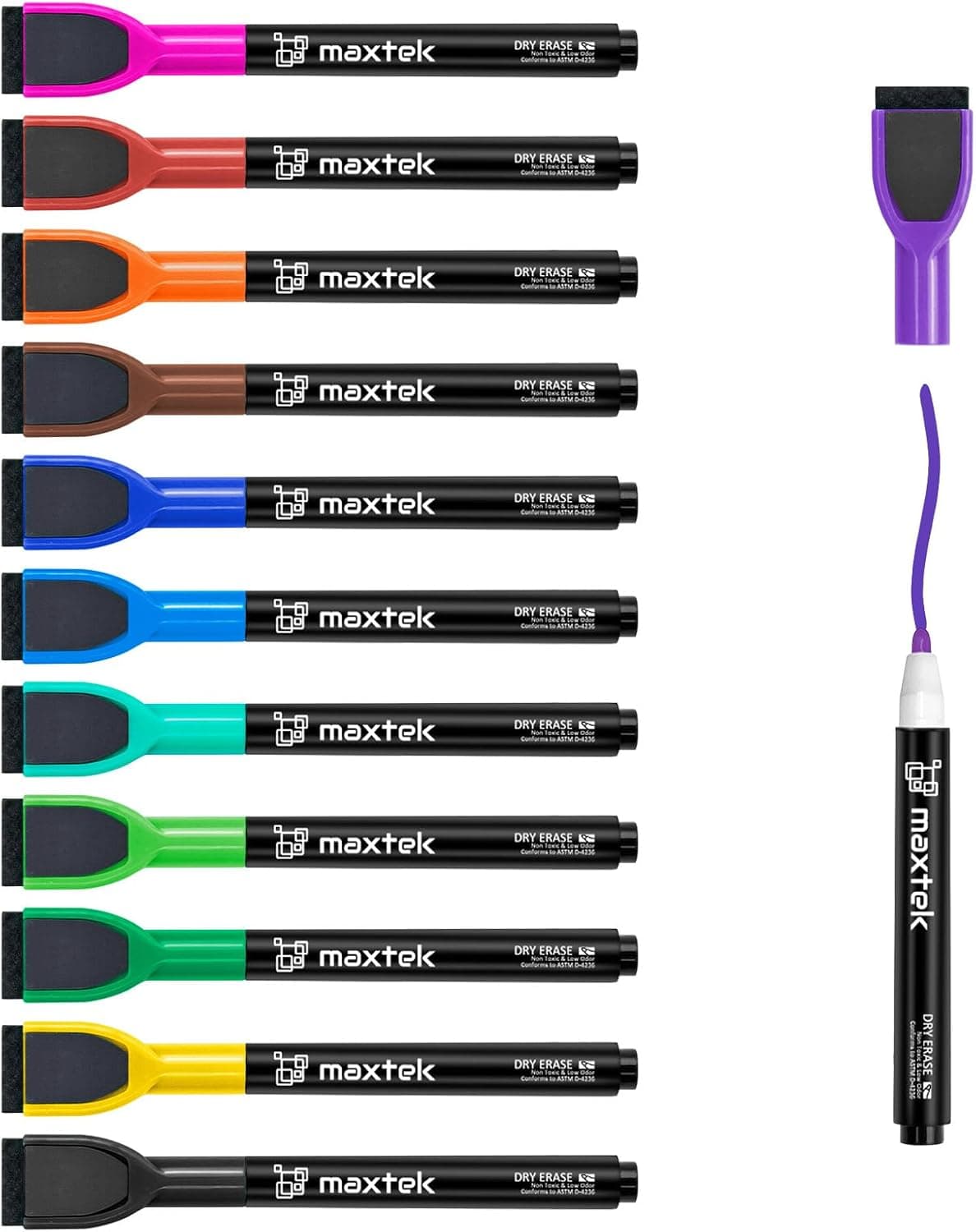 maxtek Magnetic Whiteboard Markers - 12 Count Colorful Fine Tip Dry Erase Markers with Eraser for Kids, Low Odor Thin Markers for Calendar Boards - image 1 of 1