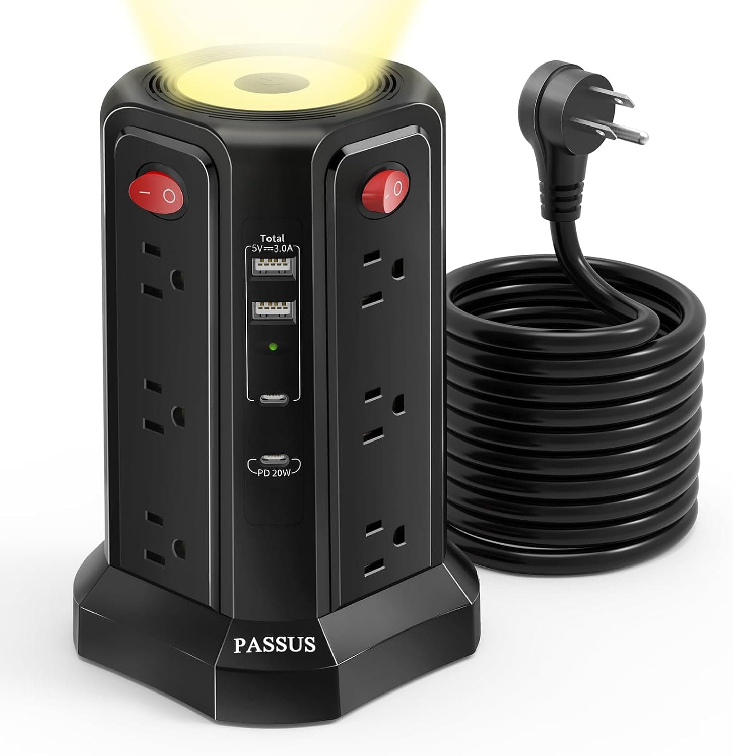 Long Surge Protector Power Strip 16 FT Cord, PD20W USB C Power Strip Tower with Night Light, Extension Cord with Multiple Outlets with 4 USB Ports, PASSUS Charging Station Home Office Essentials Black - image 1 of 1