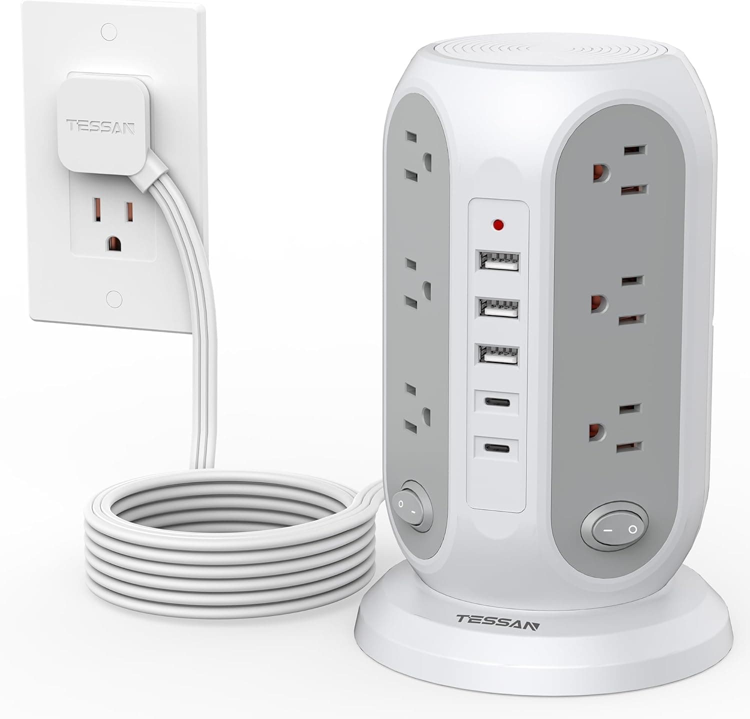 TESSAN Tower Power Strip with Individual Switches, Surge Protector with 12 Outlets, 5 USB Ports(2 USB C), Flat Extension Cord 10 Ft, Flat Plug, Charging Station for Multiple Devices, for Office, Dorm - image 1 of 1