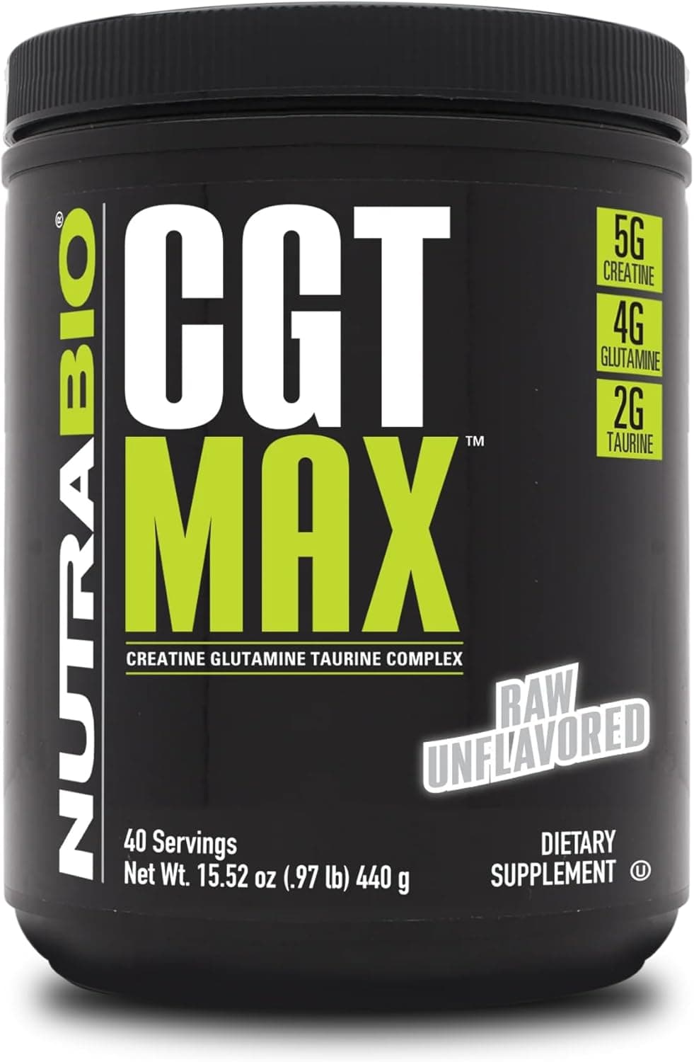 NutraBio CGT-MAX Powder- Creatine, Glutamine and Taurine to Support Muscle Recovery and Strength - 40 Servings - Unflavored - image 1 of 1