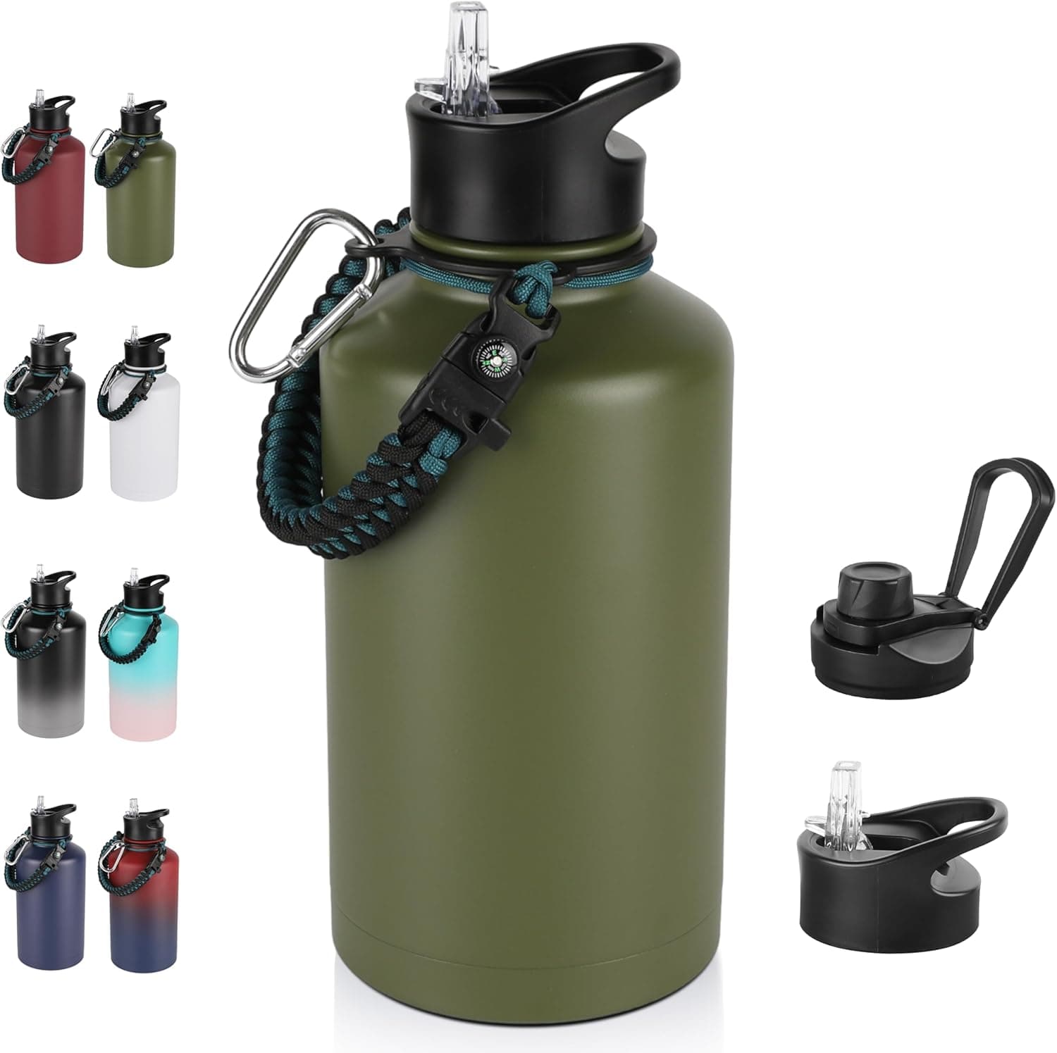 64 oz Insulated Water Bottle with Straw & Spout Lids, Stainless Steel Metal Half Gallon Water Jug with Paracord Handle, Double Wall Vacuum, Leakproof, Keep Drinks Cold & Hot, Army Green - image 1 of 1